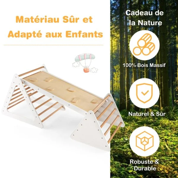 Triangle d'Escalade 3-en-1 pour Enfants avec 2 Échelles Triangle Rampe Réversible pour Grimper et Glisser en Bois Beige/Gris/Coloré