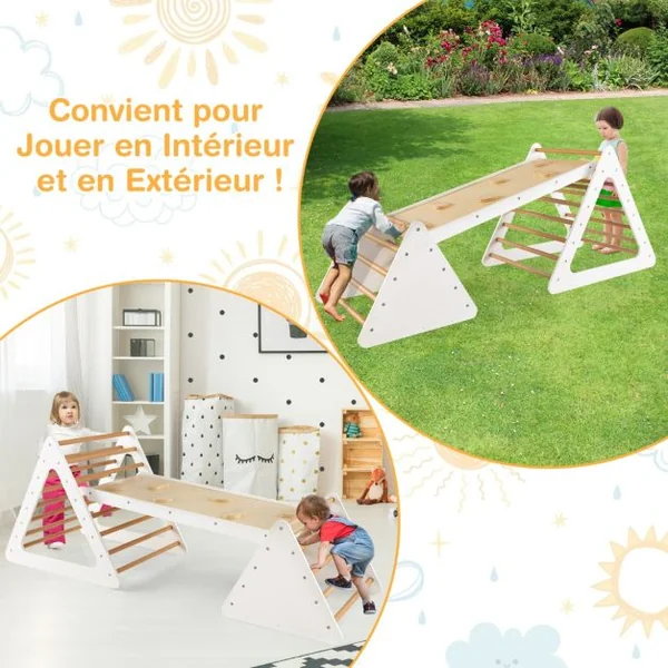 Triangle d'Escalade 3-en-1 pour Enfants avec 2 Échelles Triangle Rampe Réversible pour Grimper et Glisser en Bois Beige/Gris/Coloré