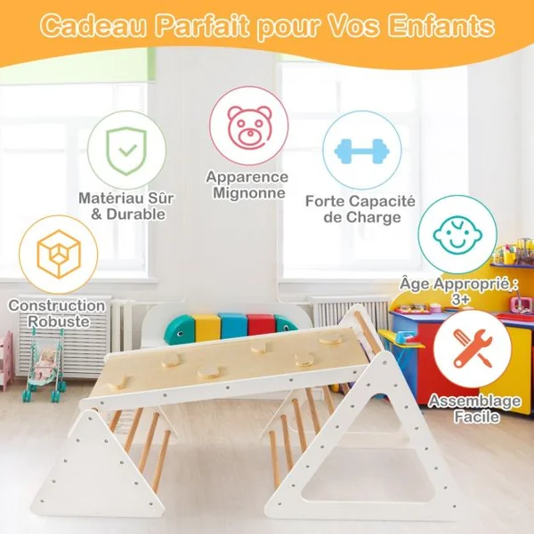 Triangle d'Escalade 3-en-1 pour Enfants avec 2 Échelles Triangle Rampe Réversible pour Grimper et Glisser en Bois Beige/Gris/Coloré