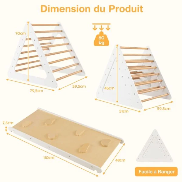 Triangle d'Escalade 3-en-1 pour Enfants avec 2 Échelles Triangle Rampe Réversible pour Grimper et Glisser en Bois Beige/Gris/Coloré
