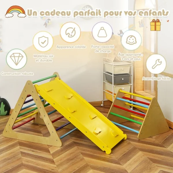 Triangle d'Escalade 3-en-1 pour Enfants avec 2 Échelles Triangle Rampe Réversible pour Grimper et Glisser en Bois Naturel