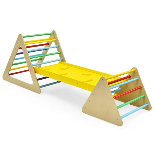 Triangle d'Escalade 3-en-1 pour Enfants avec 2 Échelles Triangle Rampe Réversible pour Grimper et Glisser en Bois Naturel