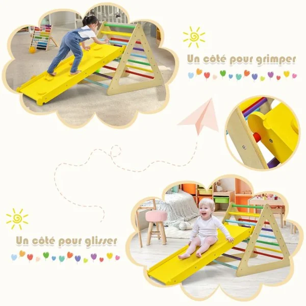 Triangle d'Escalade 3-en-1 pour Enfants avec 2 Échelles Triangle Rampe Réversible pour Grimper et Glisser en Bois Naturel