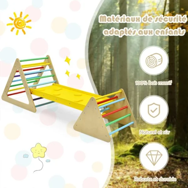 Triangle d'Escalade 3-en-1 pour Enfants avec 2 Échelles Triangle Rampe Réversible pour Grimper et Glisser en Bois Naturel