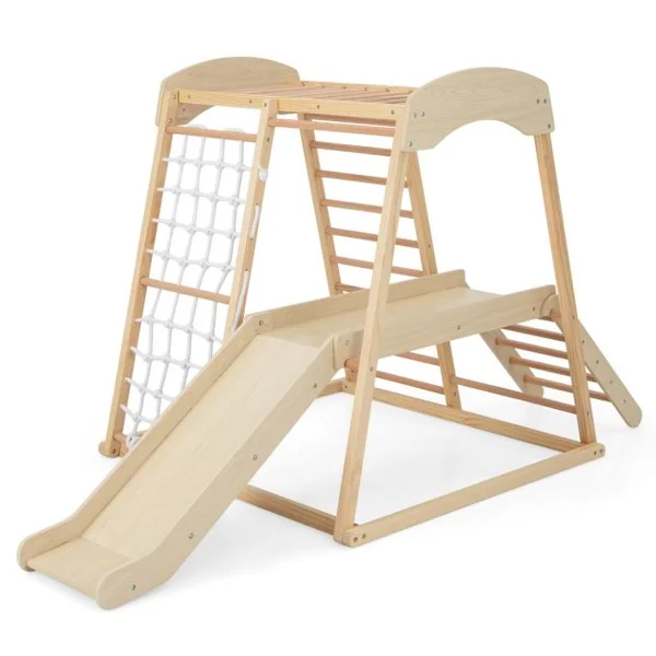 Triangle d'Escalade 6 en 1 en Bois avec Toboggan et Filet Barre pour Grimper Ramper et Glisser 1 An+ Coloré/Naturel