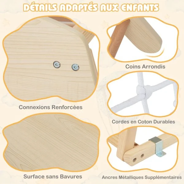 Triangle d'Escalade 6 en 1 en Bois avec Toboggan et Filet Barre pour Grimper Ramper et Glisser 1 An+ Coloré/Naturel
