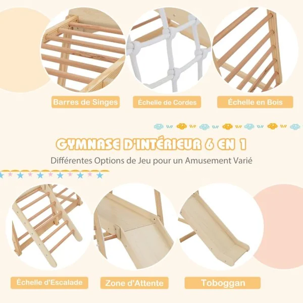 Triangle d'Escalade 6 en 1 en Bois avec Toboggan et Filet Barre pour Grimper Ramper et Glisser 1 An+ Coloré/Naturel