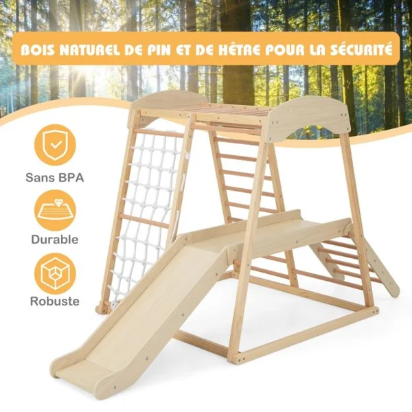 Triangle d'Escalade 6 en 1 en Bois avec Toboggan et Filet Barre pour Grimper Ramper et Glisser 1 An+ Coloré/Naturel