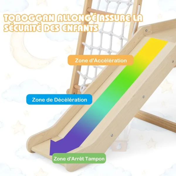 Triangle d'Escalade 6 en 1 en Bois avec Toboggan et Filet Barre pour Grimper Ramper et Glisser 1 An+ Coloré/Naturel