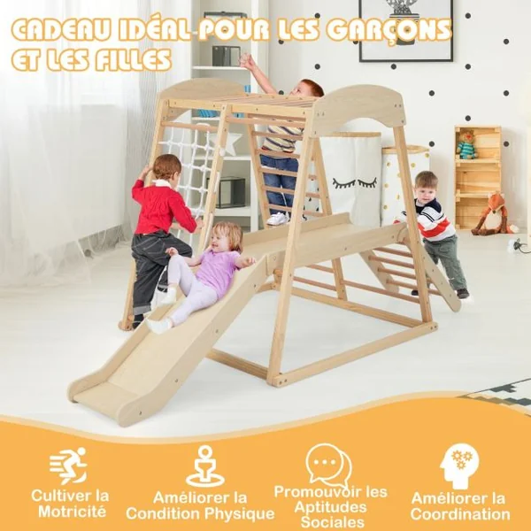 Triangle d'Escalade 6 en 1 en Bois avec Toboggan et Filet Barre pour Grimper Ramper et Glisser 1 An+ Coloré/Naturel