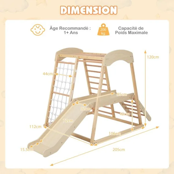 Triangle d'Escalade 6 en 1 en Bois avec Toboggan et Filet Barre pour Grimper Ramper et Glisser 1 An+ Coloré/Naturel