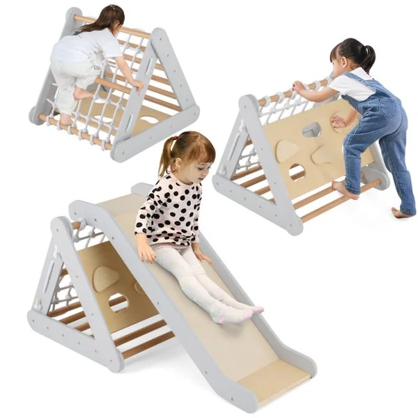 Triangle d'Escalade en Bois pour Bebe 1+ An 4 en 1 Échelle et Planche d'Escalade avec Filet Charge 50KG Beige/Gris/Multicolore/Naturel