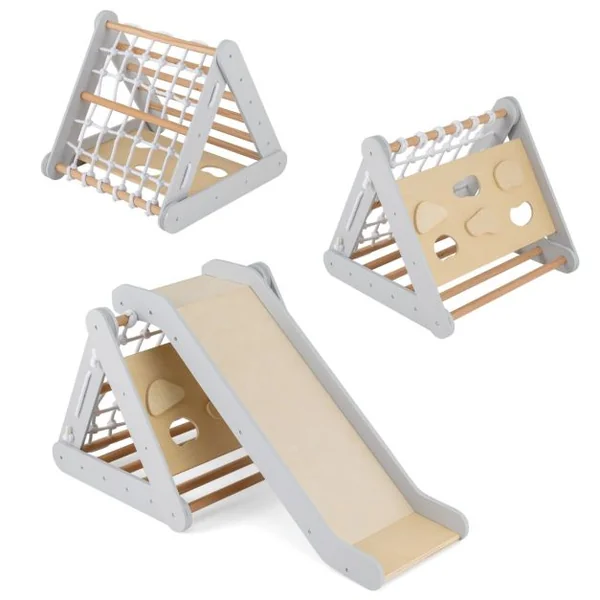 Triangle d'Escalade en Bois pour Bebe 1+ An 4 en 1 Échelle et Planche d'Escalade avec Filet Charge 50KG Beige/Gris/Multicolore/Naturel