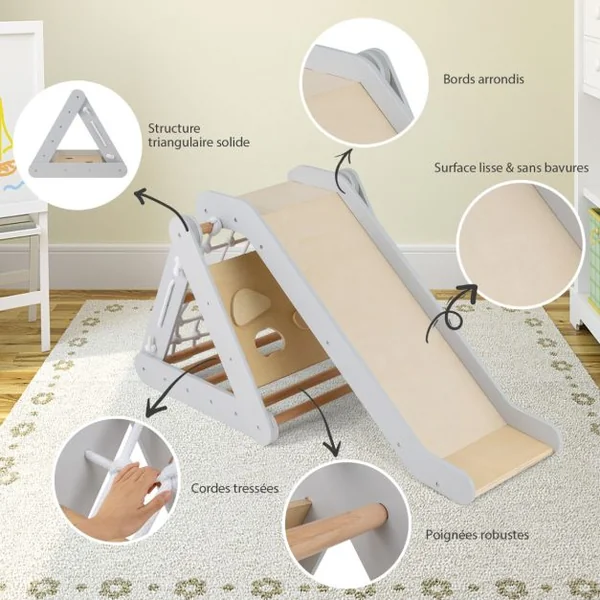 Triangle d'Escalade en Bois pour Bebe 1+ An 4 en 1 Échelle et Planche d'Escalade avec Filet Charge 50KG Beige/Gris/Multicolore/Naturel