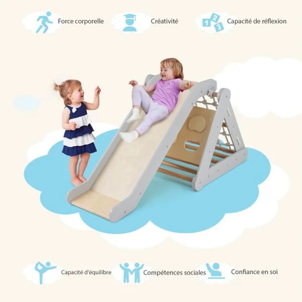 Triangle d'Escalade en Bois pour Bebe 1+ An 4 en 1 Échelle et Planche d'Escalade avec Filet Charge 50KG Beige/Gris/Multicolore/Naturel