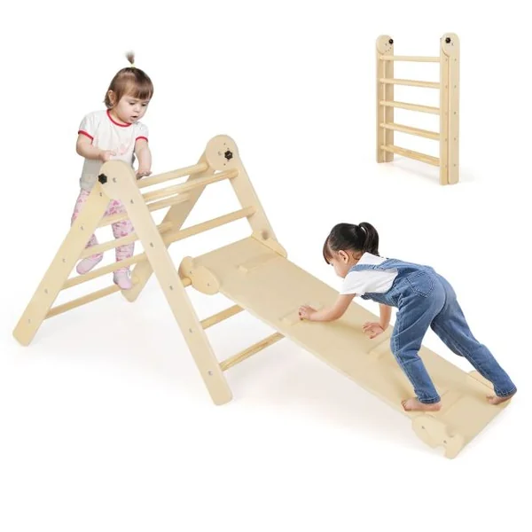 Triangle d’Escalade Montessori Pliable avec Rampe Double Face Échelle Triangulaire avec Hauteur Réglable pour 3 Ans+ Naturel/Coloré