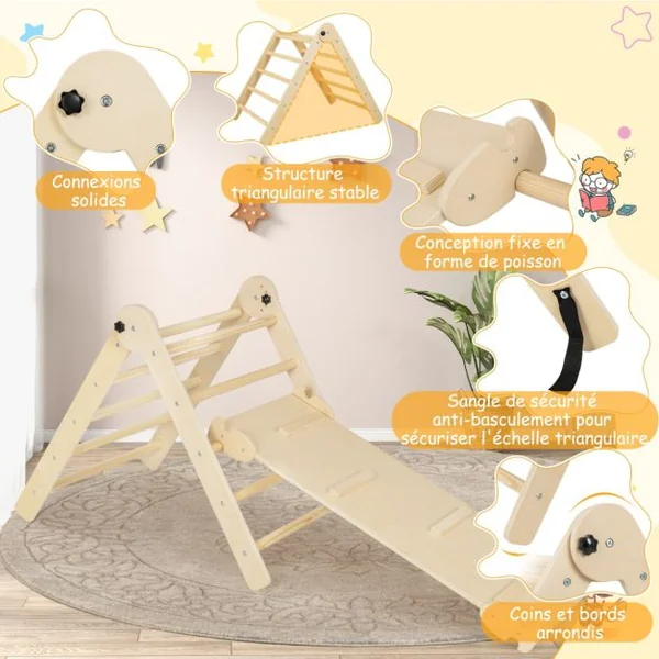 Triangle d’Escalade Montessori Pliable avec Rampe Double Face Échelle Triangulaire avec Hauteur Réglable pour 3 Ans+ Naturel/Coloré