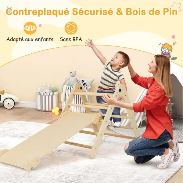 Triangle d’Escalade Montessori Pliable avec Rampe Double Face Échelle Triangulaire avec Hauteur Réglable pour 3 Ans+ Naturel/Coloré