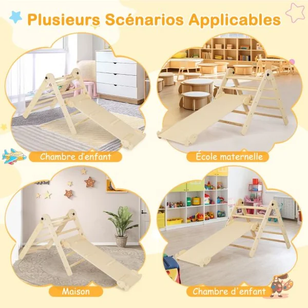 Triangle d’Escalade Montessori Pliable avec Rampe Double Face Échelle Triangulaire avec Hauteur Réglable pour 3 Ans+ Naturel/Coloré