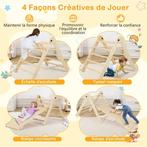 Triangle d’Escalade Montessori Pliable avec Rampe Double Face Échelle Triangulaire avec Hauteur Réglable pour 3 Ans+ Naturel/Coloré