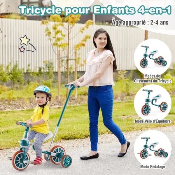 Tricycle Evolutif 5-en-1 avec Putter pour Enfants 2-4 Ans Pédale et Roue Arrière Amovible Siège et Poignée Réglables Bleu/Rose/Vert