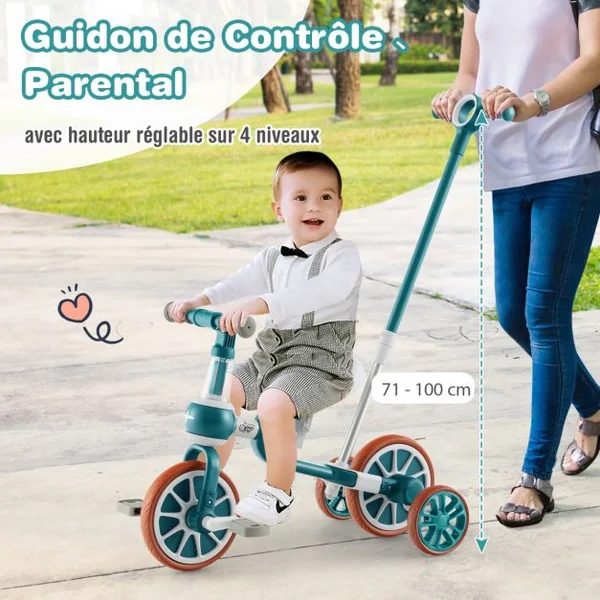 Tricycle Evolutif 5-en-1 avec Putter pour Enfants 2-4 Ans Pédale et Roue Arrière Amovible Siège et Poignée Réglables Bleu/Rose/Vert