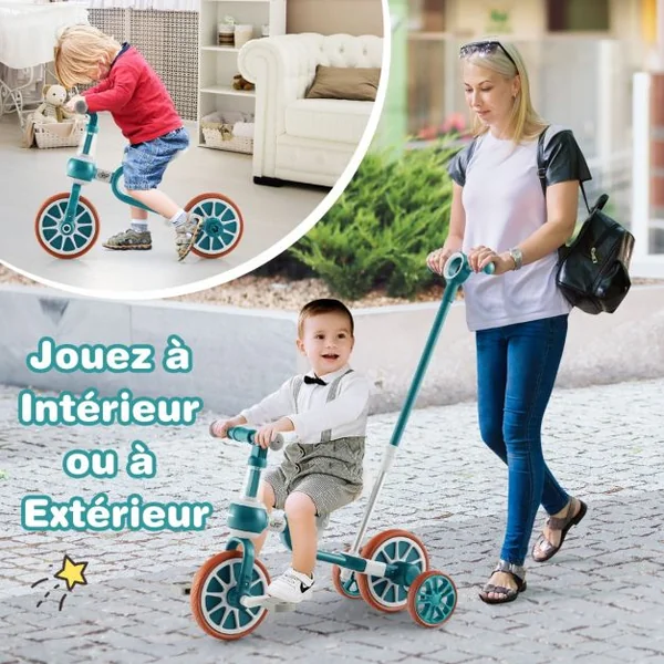 Tricycle Evolutif 5-en-1 avec Putter pour Enfants 2-4 Ans Pédale et Roue Arrière Amovible Siège et Poignée Réglables Bleu/Rose/Vert