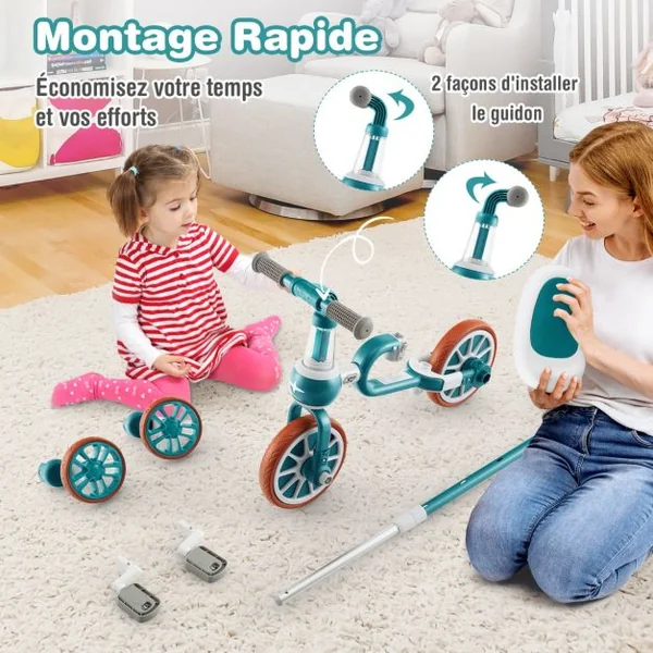 Tricycle Evolutif 5-en-1 avec Putter pour Enfants 2-4 Ans Pédale et Roue Arrière Amovible Siège et Poignée Réglables Bleu/Rose/Vert
