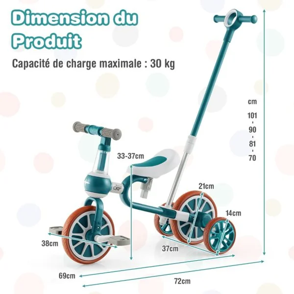 Tricycle Evolutif 5-en-1 avec Putter pour Enfants 2-4 Ans Pédale et Roue Arrière Amovible Siège et Poignée Réglables Bleu/Rose/Vert