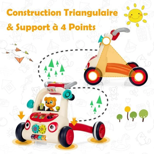 Trotteur 2 en 1 pour Bébé Evolutif Trotteur Pousseur Interactif Apprendre à Marcher Educatif pour Garçon et Fille 9 Mois et +