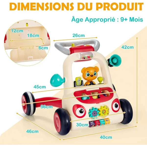 Trotteur 2 en 1 pour Bébé Evolutif Trotteur Pousseur Interactif Apprendre à Marcher Educatif pour Garçon et Fille 9 Mois et +