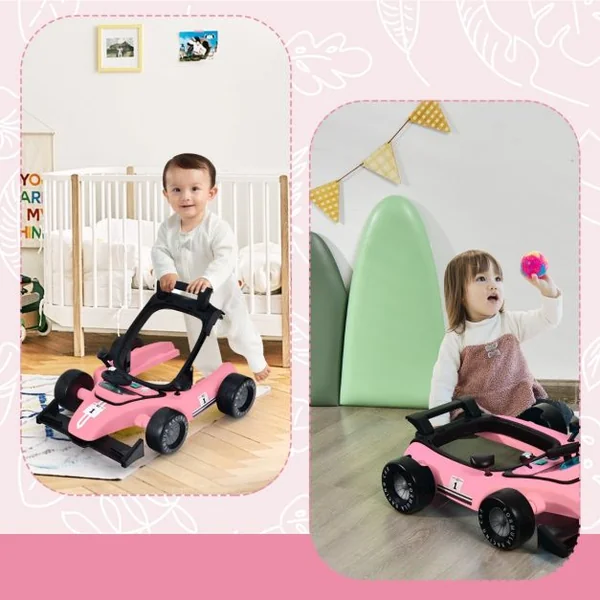 Trotteur 4 en 1 Pousseur Pliable Hauteur et Vitesse Réglables Boîte à Musique avec Lumière Volant Apparence de Voiture Rose
