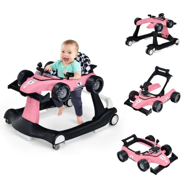 Trotteur 4 en 1 Pousseur Pliable Hauteur et Vitesse Réglables Boîte à Musique avec Lumière Volant Apparence de Voiture Rose