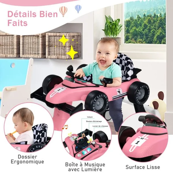 Trotteur 4 en 1 Pousseur Pliable Hauteur et Vitesse Réglables Boîte à Musique avec Lumière Volant Apparence de Voiture Rose