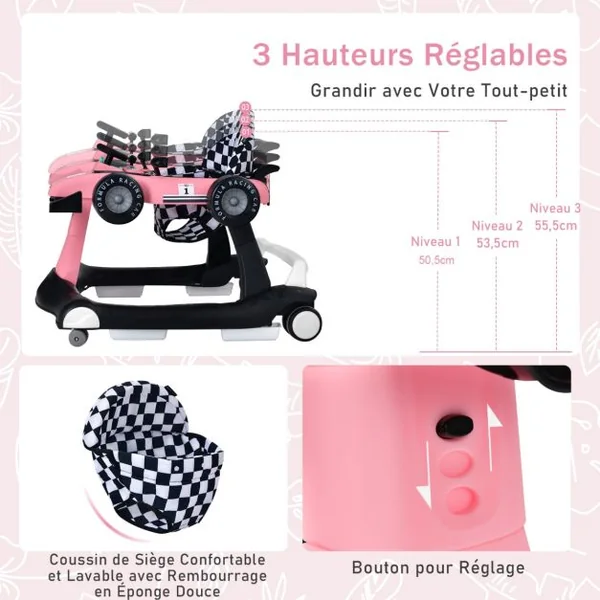 Trotteur 4 en 1 Pousseur Pliable Hauteur et Vitesse Réglables Boîte à Musique avec Lumière Volant Apparence de Voiture Rose