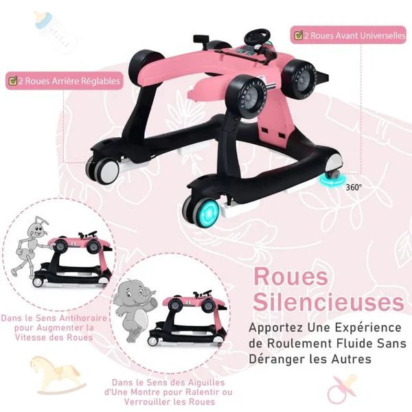 Trotteur 4 en 1 Pousseur Pliable Hauteur et Vitesse Réglables Boîte à Musique avec Lumière Volant Apparence de Voiture Rose