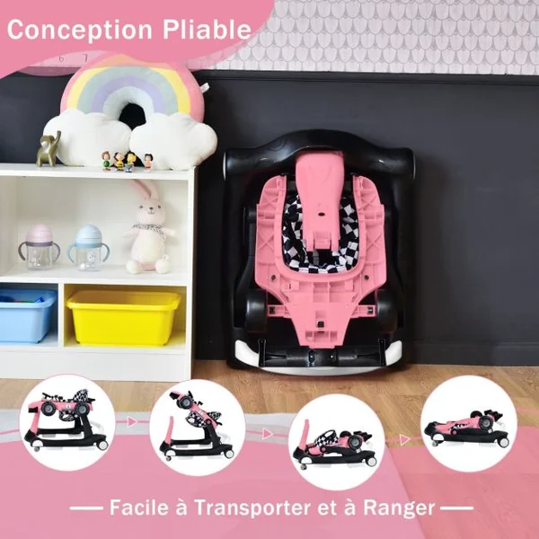 Trotteur 4 en 1 Pousseur Pliable Hauteur et Vitesse Réglables Boîte à Musique avec Lumière Volant Apparence de Voiture Rose