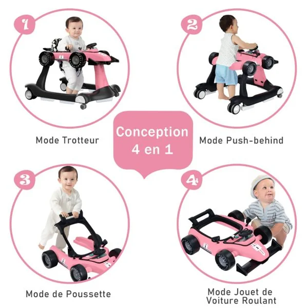 Trotteur 4 en 1 Pousseur Pliable Hauteur et Vitesse Réglables Boîte à Musique avec Lumière Volant Apparence de Voiture Rose