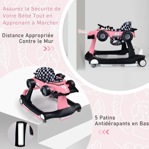 Trotteur 4 en 1 Pousseur Pliable Hauteur et Vitesse Réglables Boîte à Musique avec Lumière Volant Apparence de Voiture Rose