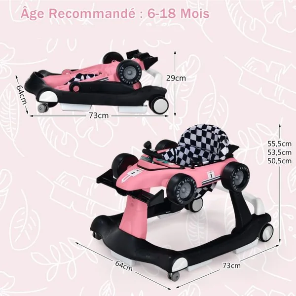 Trotteur 4 en 1 Pousseur Pliable Hauteur et Vitesse Réglables Boîte à Musique avec Lumière Volant Apparence de Voiture Rose