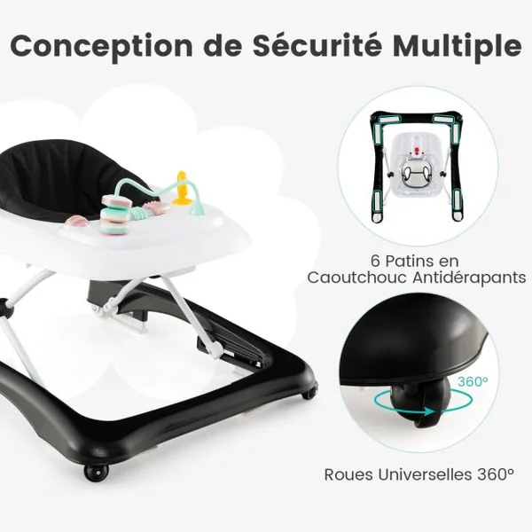 Trotteur Bébé Pliable avec 3 Hauteur Réglable & Roues Universelles 2 Vitesses Charge 12kg pour Bébé de 6 Mois + Noir/Gris/Rose