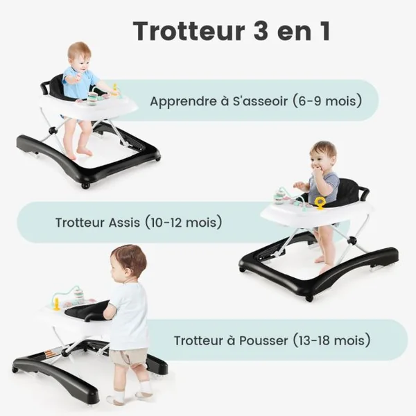 Trotteur Bébé Pliable avec 3 Hauteur Réglable & Roues Universelles 2 Vitesses Charge 12kg pour Bébé de 6 Mois + Noir/Gris/Rose