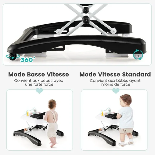 Trotteur Bébé Pliable avec 3 Hauteur Réglable & Roues Universelles 2 Vitesses Charge 12kg pour Bébé de 6 Mois + Noir/Gris/Rose