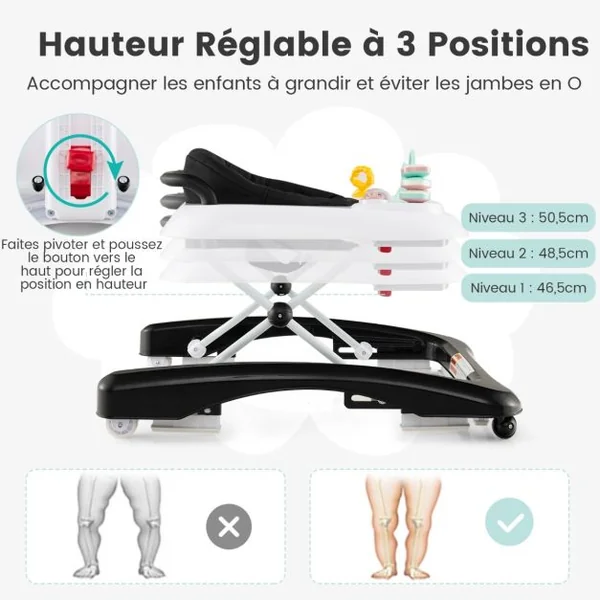 Trotteur Bébé Pliable avec 3 Hauteur Réglable & Roues Universelles 2 Vitesses Charge 12kg pour Bébé de 6 Mois + Noir/Gris/Rose