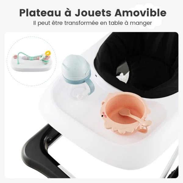 Trotteur Bébé Pliable avec 3 Hauteur Réglable & Roues Universelles 2 Vitesses Charge 12kg pour Bébé de 6 Mois + Noir/Gris/Rose