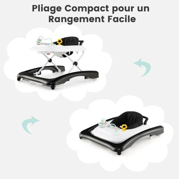Trotteur Bébé Pliable avec 3 Hauteur Réglable & Roues Universelles 2 Vitesses Charge 12kg pour Bébé de 6 Mois + Noir/Gris/Rose