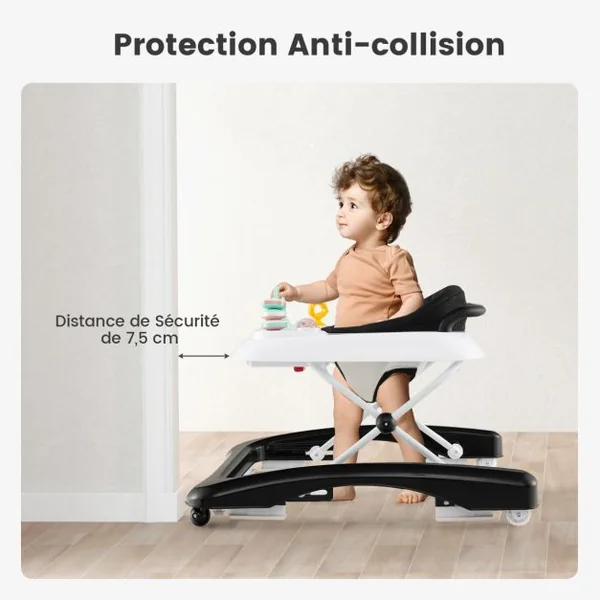 Trotteur Bébé Pliable avec 3 Hauteur Réglable & Roues Universelles 2 Vitesses Charge 12kg pour Bébé de 6 Mois + Noir/Gris/Rose