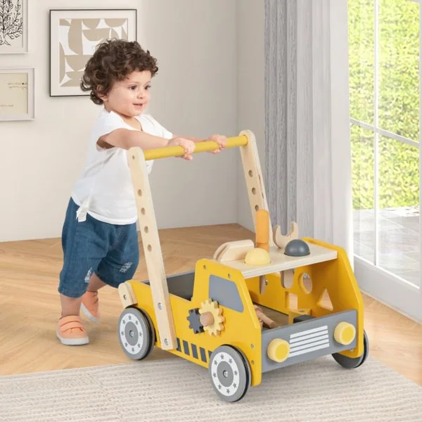 Trotteur en Bois 2 en 1 pour Bébé avec Vitesse Réglable et Rangement Inférieur Trotteur pour Enfants avec Etabli Jaune