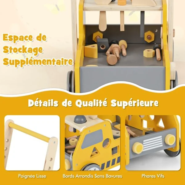 Trotteur en Bois 2 en 1 pour Bébé avec Vitesse Réglable et Rangement Inférieur Trotteur pour Enfants avec Etabli Jaune