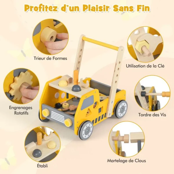 Trotteur en Bois 2 en 1 pour Bébé avec Vitesse Réglable et Rangement Inférieur Trotteur pour Enfants avec Etabli Jaune